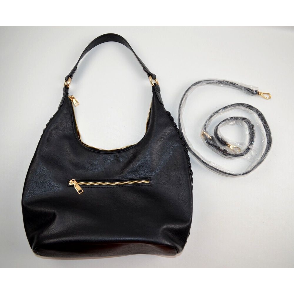 Moda Luxe Black Leather Hobo Shoulder Bag with Braided Detail - Picture 8 of 13